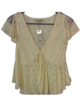 Francesca’s Sheer Lace Blouse -Cream Tie Front Size S